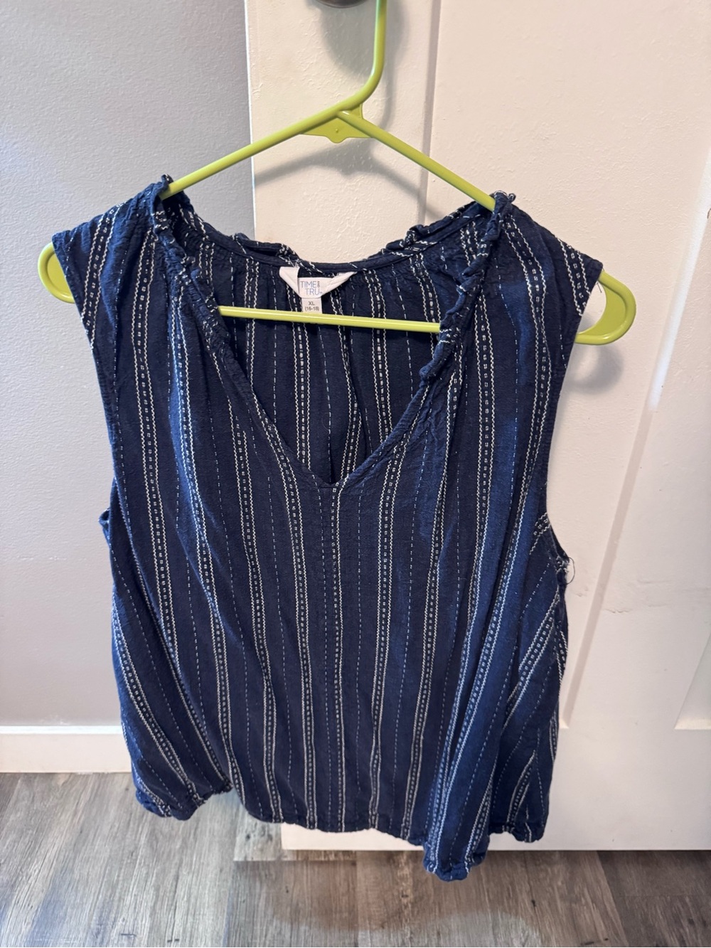 Time and Tru Navy and White Striped Sleeveless V-Neck Tank